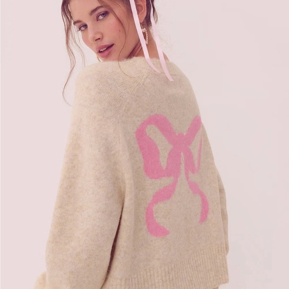 Xs love shack fancy sweater with pink bows and pearl heart buttons!